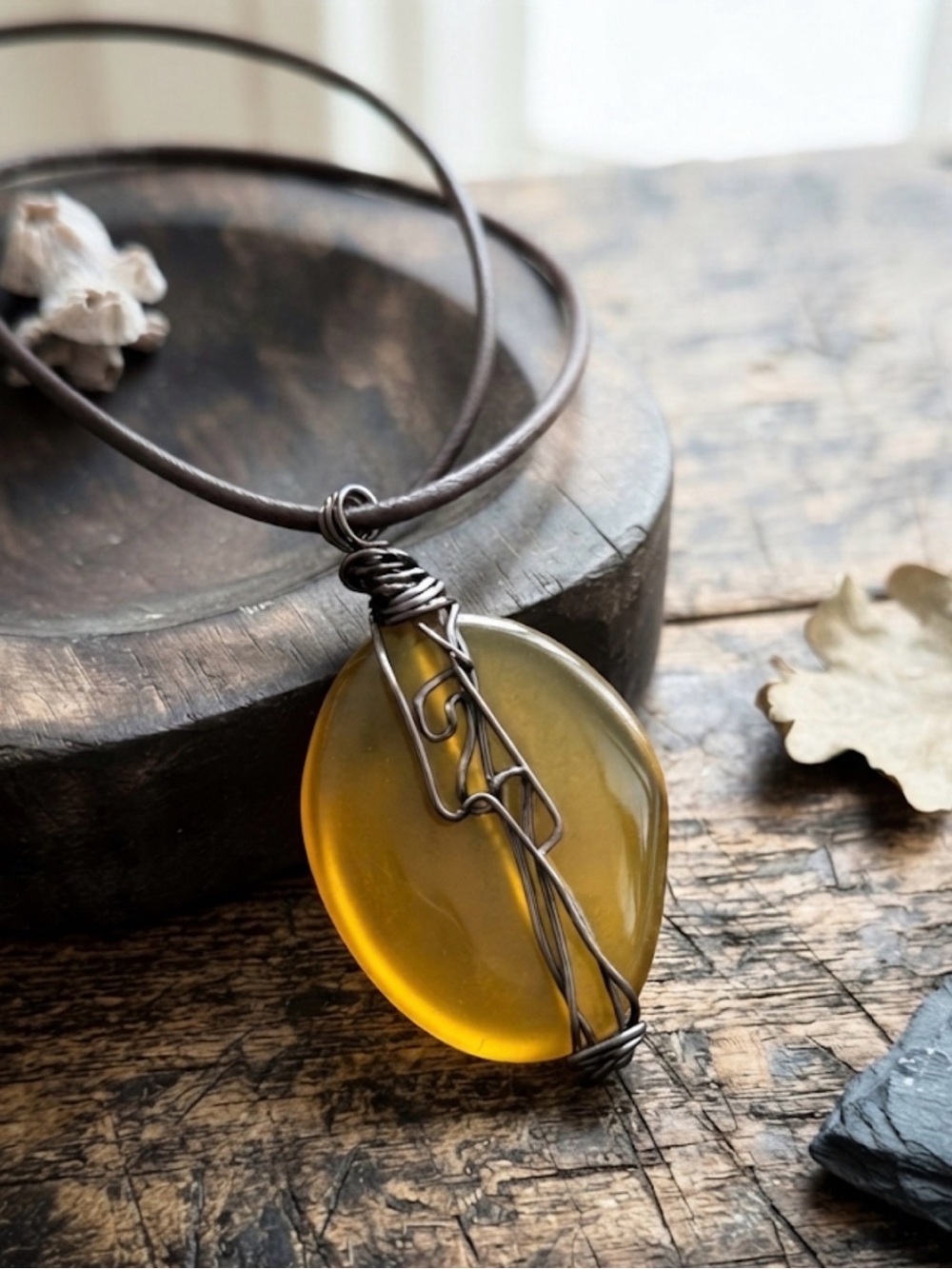 Agate Amber Pendant Necklace - Artisan Wire-Wrapped Jewelry